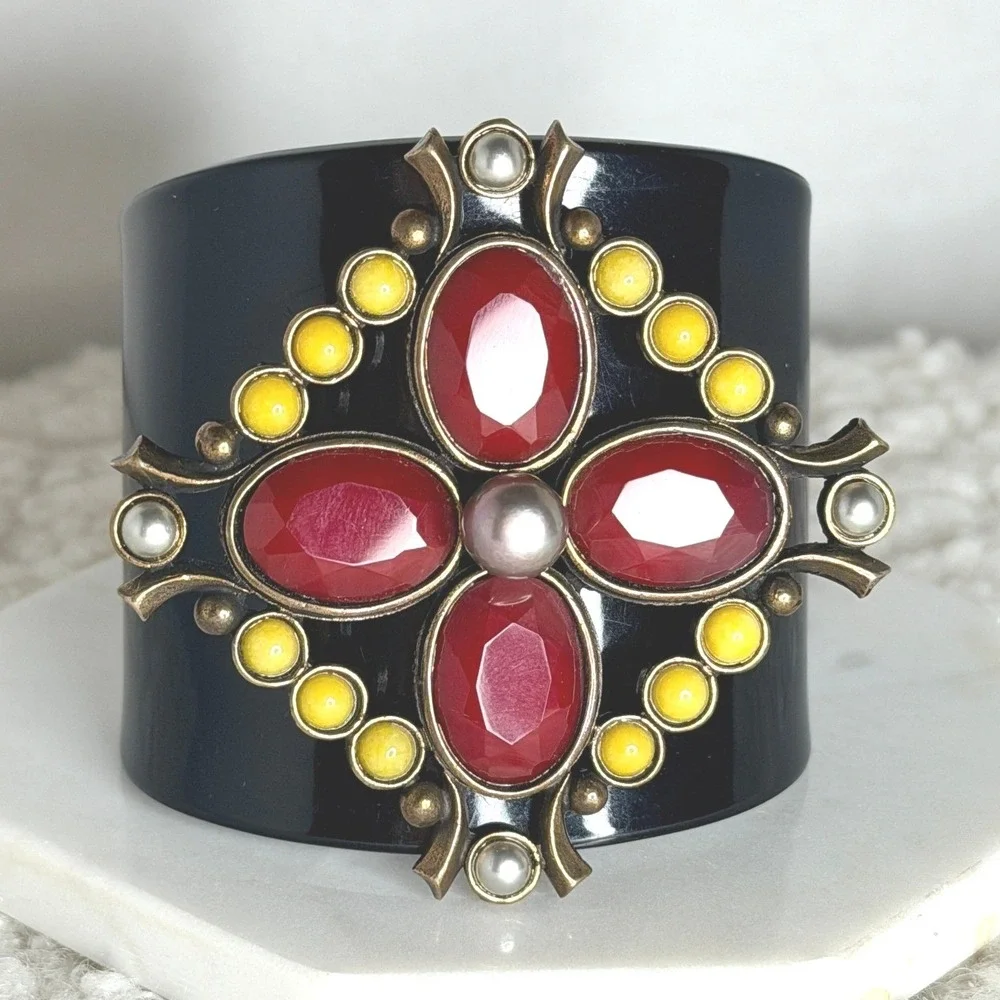 Vintage Extasia Red Bronze Handmade Cuff Bracelet Cab Stone Baroque Cross